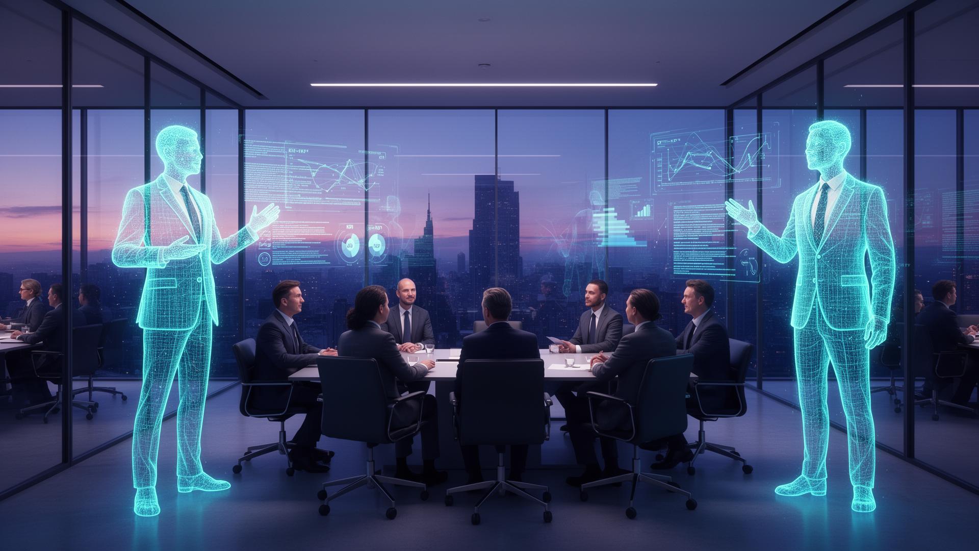 Salas ejecutivas con agentes IA holográficos conversando con ejecutivos
